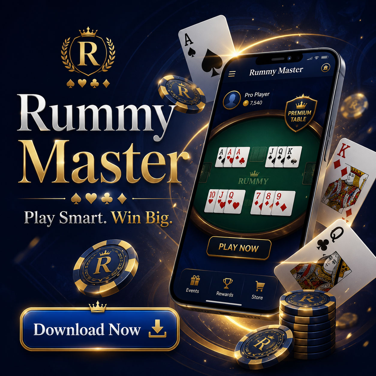 Rummy Master APK download preview with phone table and play now button